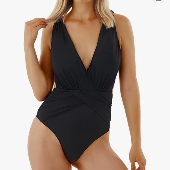 BERGAMOTTE WOMEN’S BLACK ONE PIECE SWIMSUIT PLUNGE V NECKLINE SZ L - Picture 1 of 7